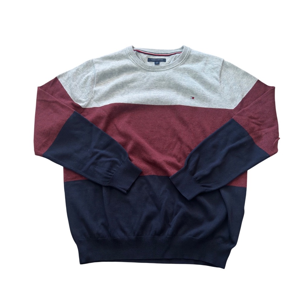 Tommy Hilfiger Men XL Premium‎ Cotton Colorblock Crewneck Sweater Grey Red Navy